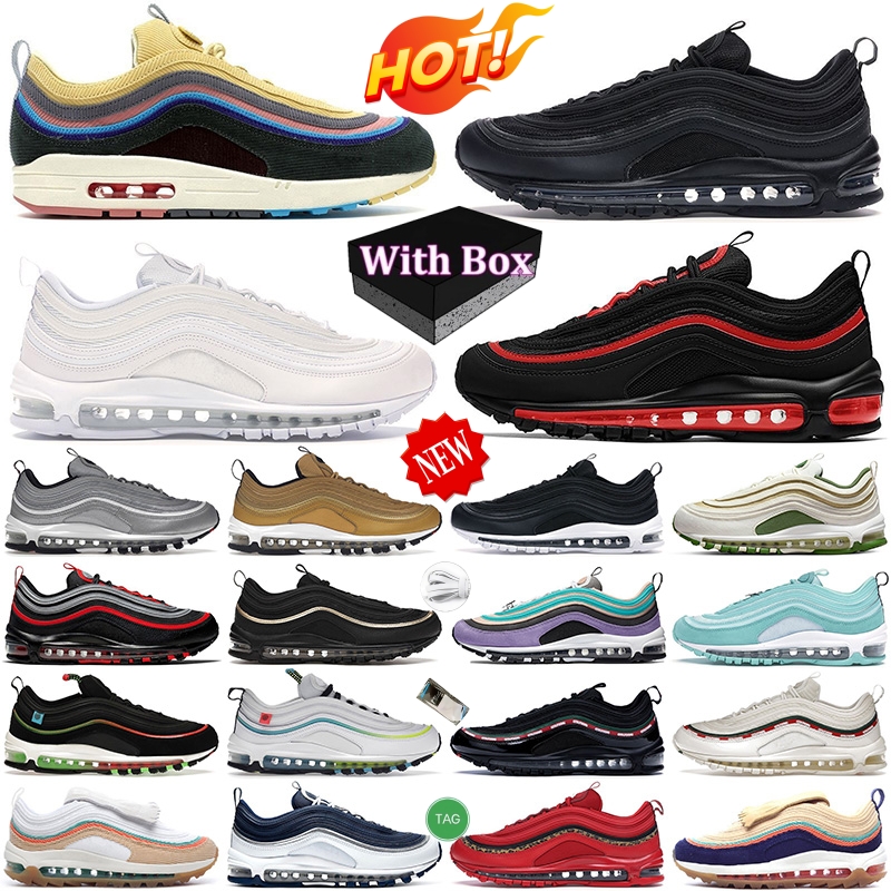 New Designer Shoes 97 97s Mens Running Shoes MSCHFs X INRI Jesus Satan Futura Crucifix Triple Black White Silver Olive Volt Sail Aurora Gym Outdoor Sneakers Sports
