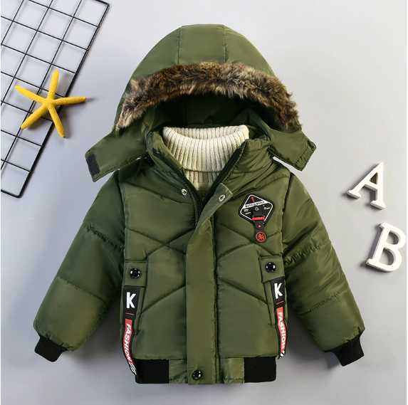 Down Coat Kids New winter children's cotton-padded jacket for infants and toddlers: Stylish long-sleeved, warm, with a woolen collar and a hood Q