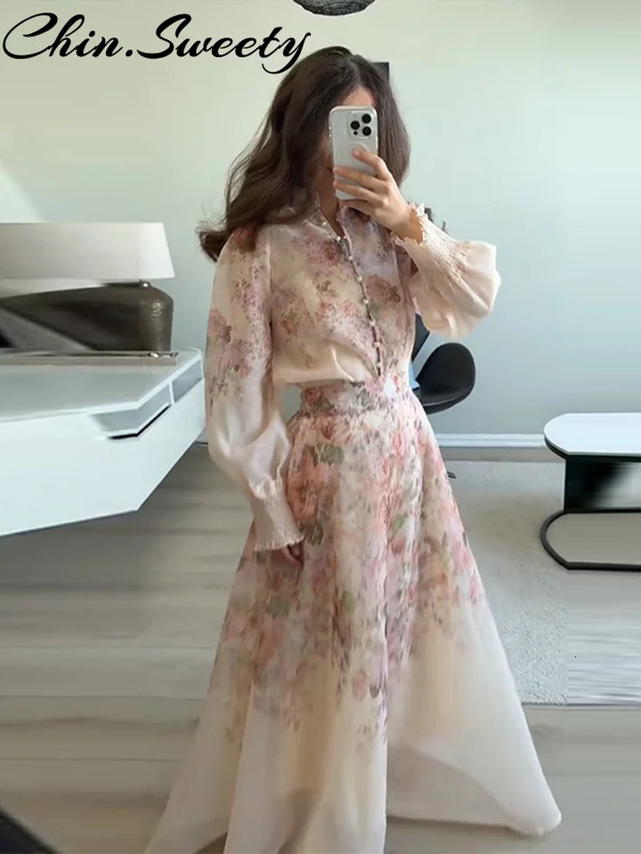 Womens Flower Printed Shirts Skirts Suit Casual Long Sleeve Button Shirt Pleated Zippers Autumn Lady Outfit 250917