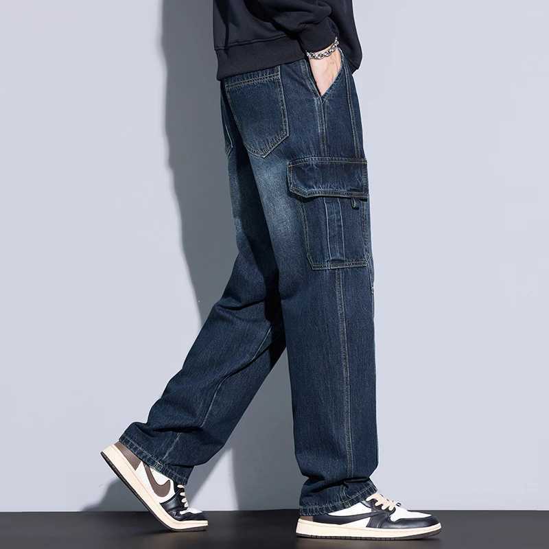 Mens 97 Cotton Straight Cargo Jeans Trendy Multipocket Nostalgic Loose Trousers Man American Vintage Fashion Denim PantsZ250917