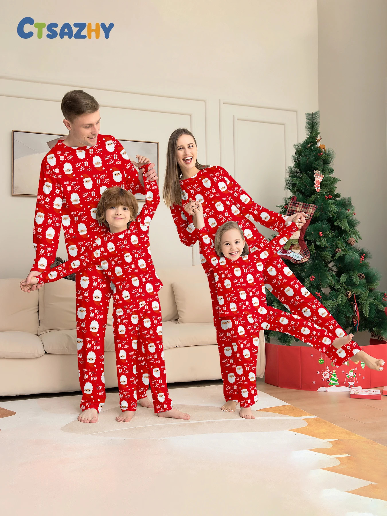 Family Matching Xmas Sleepwear Red Santa Printed Pajamas 250917