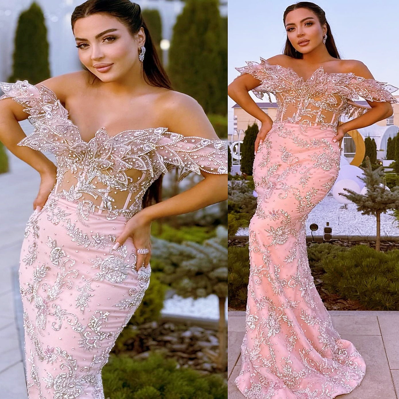 Pink Mermaid Prom Dresses 2025 Florals Crystals Sparkly Evening Formal Party Second Birthday Engagement Gowns Plus Size Dress For Special Occasions