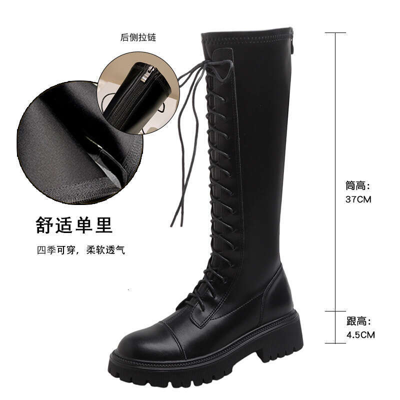 Genuine Leather Martin Riding British Style Height Increasing Long Lace-Up Round Toe Thick-Soled Women's Boots