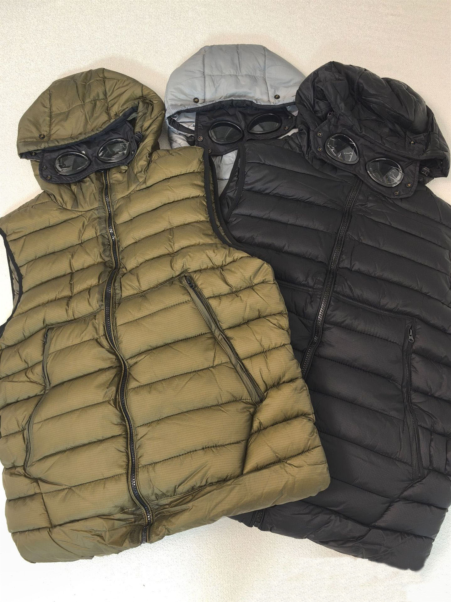 Men CP Outdoor Jacket Double Lens Goggles Zipper Cardigan Stripe Hoodies Sleeveless Vest