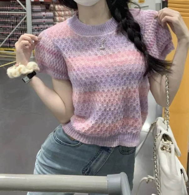 Korean Fashion Knitwear Women O-Neck Short Sleeve Casual Summer Y2K Chic Clothing Sweater Pullovers Tops Pull Femme Tees 250723