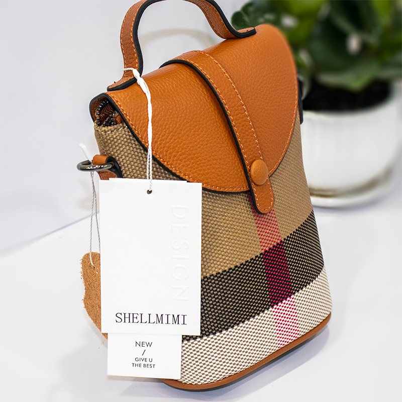 Shellmi High grade leather mobile phone bag single shoulder crossbody bag new women's bag contrasting checkered canvas fashionable and versatile 