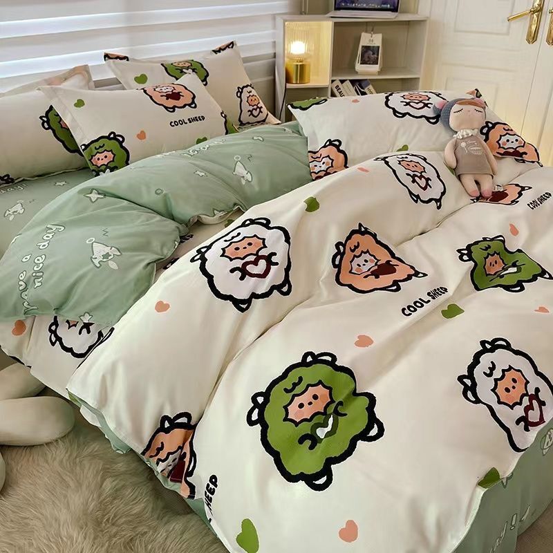 Japanese Ins Style Boys Black and White Striped Bedding Four-piece Set Quilt Cover Bed Sheet Student Dormitory Sanmin One W260302