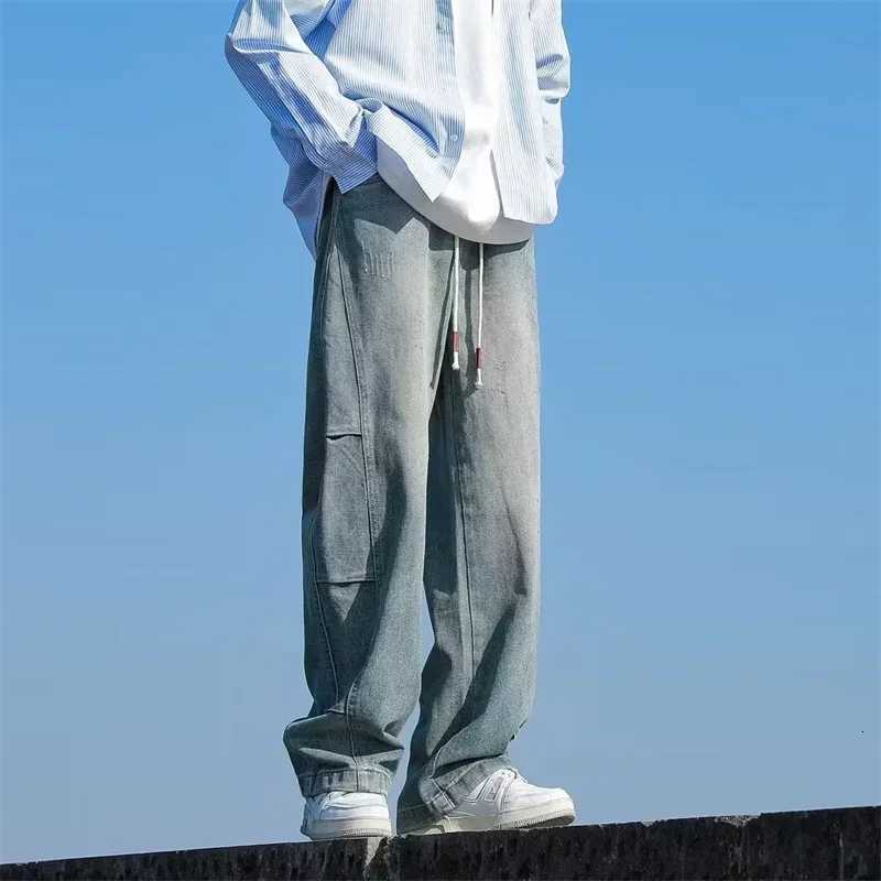 Autumn Distressed Drawstring Straight Jeans For Men High Street Baggy Patchwork Denim Pants 2024 New Hip Hop Fashion Y2K JeanZ250917