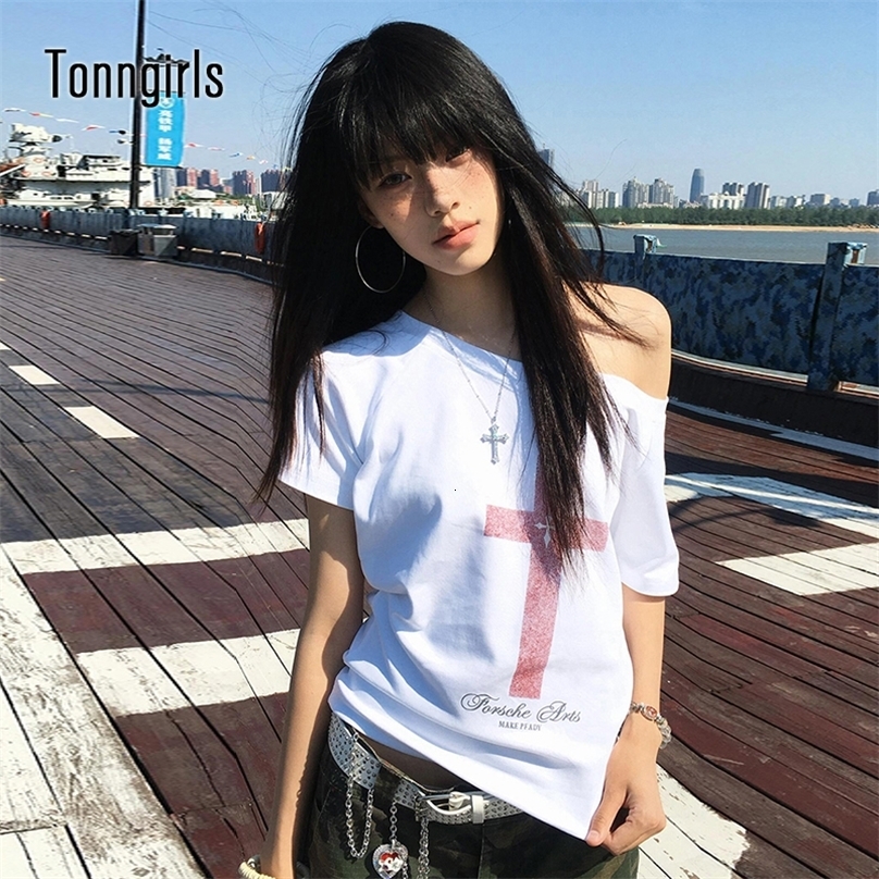 Topi Grafici A Stampa Gotica Tonngirls Tops A Manicotto Corto A Spalla Y2K-image