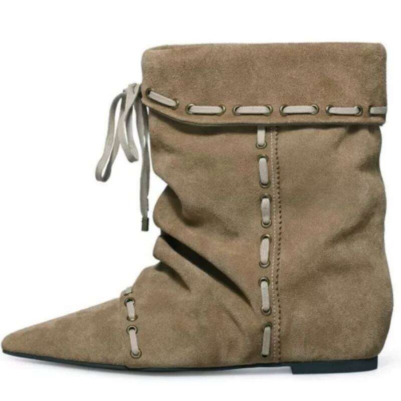 Wrinkle Style Women's Ankle Pointed Toe Flat Cross-tied Femme Short Winter New Retro Niche Lady Western Cowboy Boots