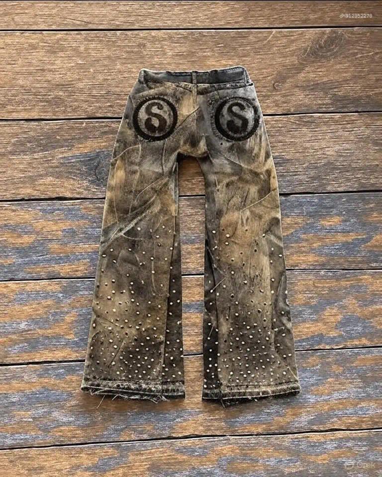 Men's Jeans Street Style Vintage Letter Print Men And Women Distressed Loose Fit With S Pattern Rhinestones Y2K Harajuku