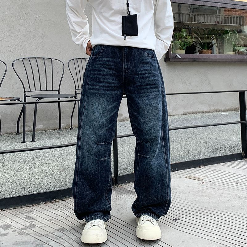 Men's Jeans Vintage American - Style Pleated Washed Jeans - Wide - Leg Sickle - Cut Denim Trousers-D6013