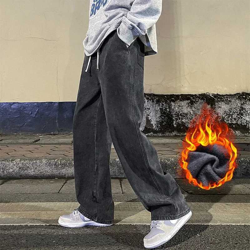 Winter Mens Velvet Wool Jeans Korean Style Street Loose Straight Wideleg Pants Fashionable Warm Fleece Thickened Pants S3XLZ250917