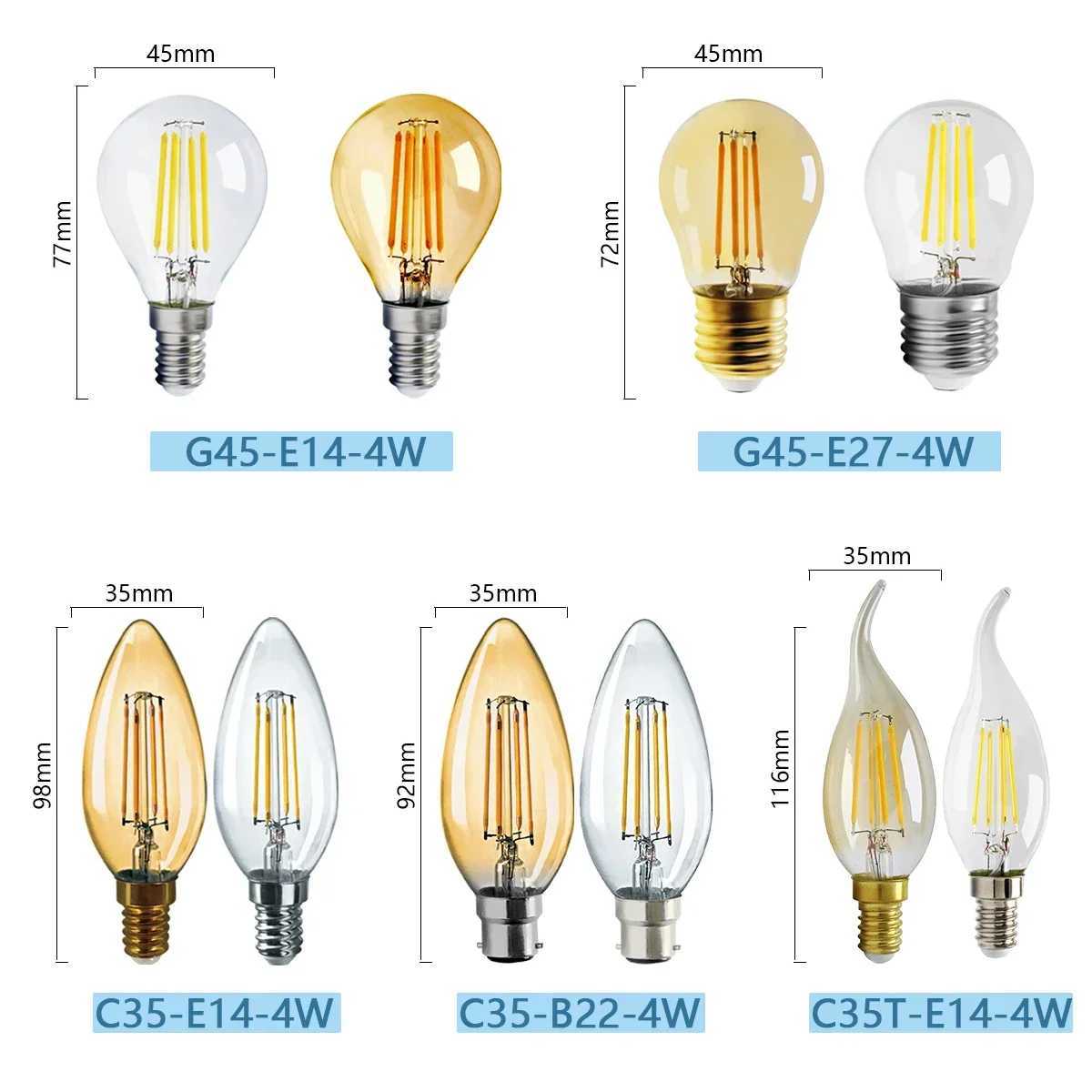 2PCS LED Filament Bulb E14 E27 C35 C35T ST64 G80 A60 220V 4W 9W Warm White Glass 360 Degree Edison Retro Candle Light Blubs C250917