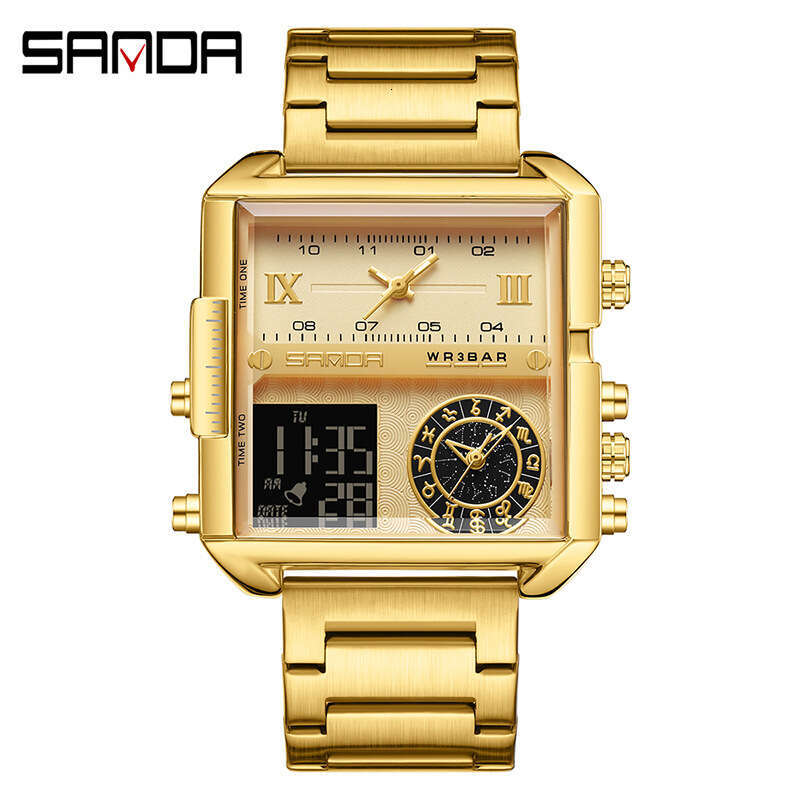 DHgargets Sanda Square Large Dial Multi-Function Three Time Zone Men's Business Electronic Watch