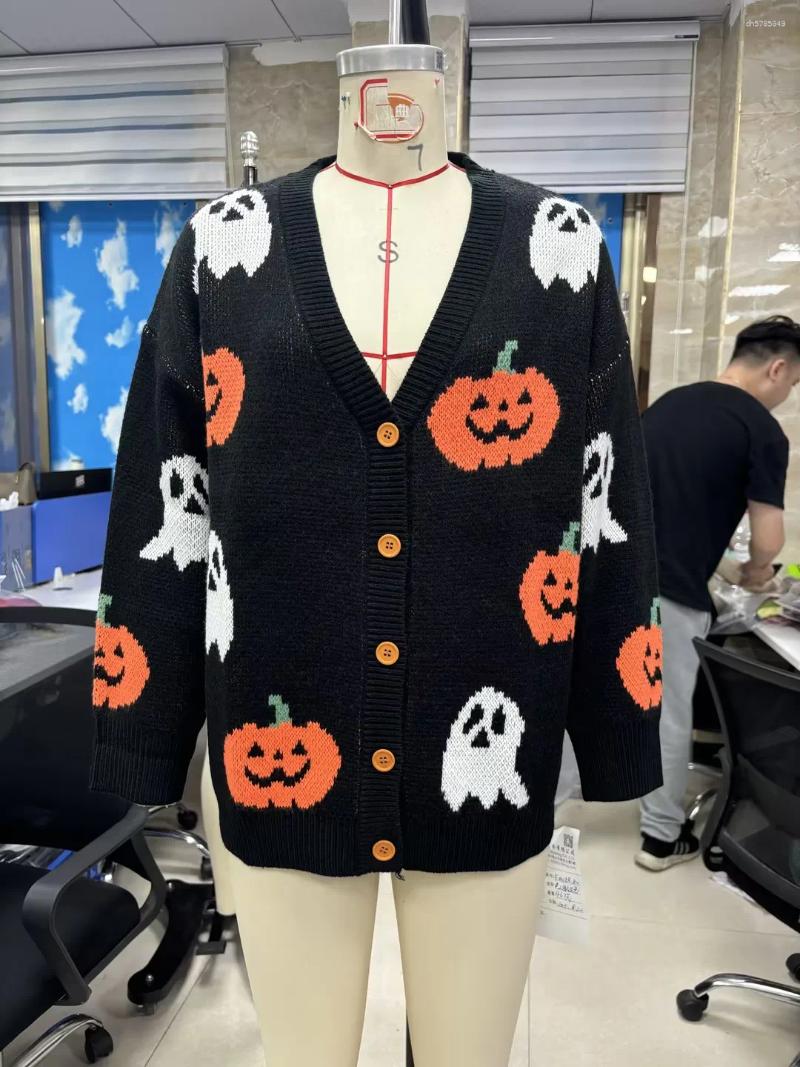 Women's Blouses Pumpkin Patterned Knitted Pullovers Halloween Festival Loose Fit Long Sleeve Sweater Autumn Winter O Neck Cardigan Jumpers
