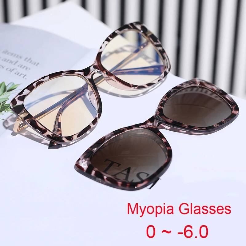 Nearsighted Blue Light Filter Female Polarized Clip On Sunglasses Retro Clear Square Leopard Anti Glare Glasses Myopia ddmythur