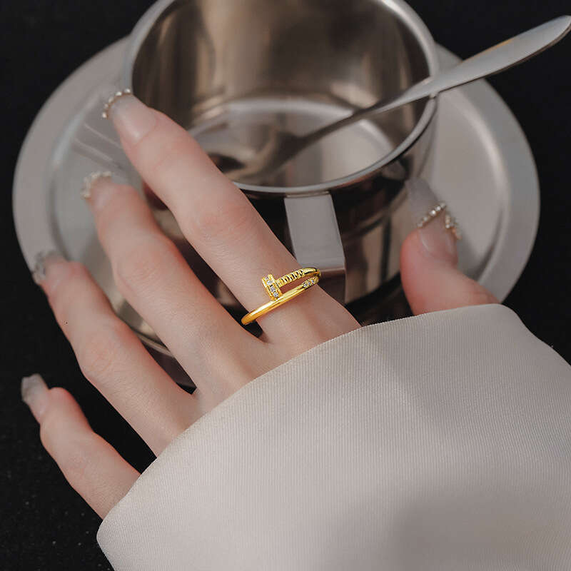 French Style High-End Micro-Paved Sparkling Diamond Nail for Women, Unique Versatile Ring, Light Luxury Niche Design Sense, Index Finger Ring