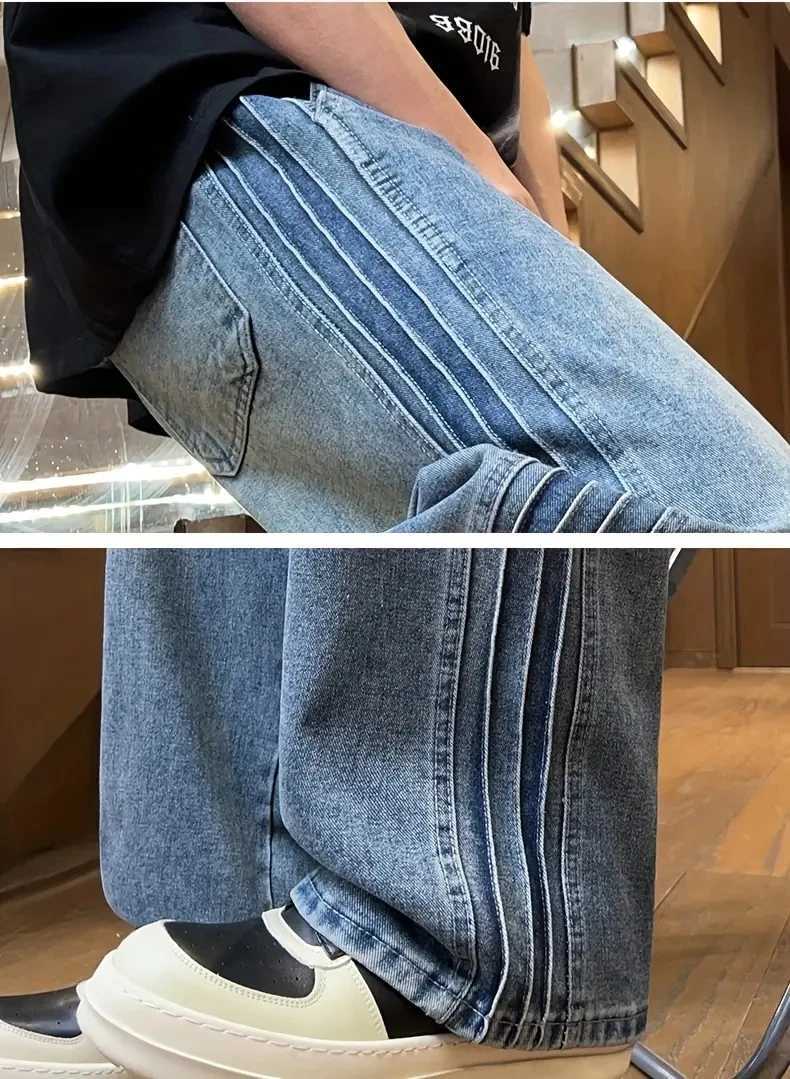 Three bar American retro jeans mens spring and autumn new style high street elastic waist loose casual mens straight leg longZ250917