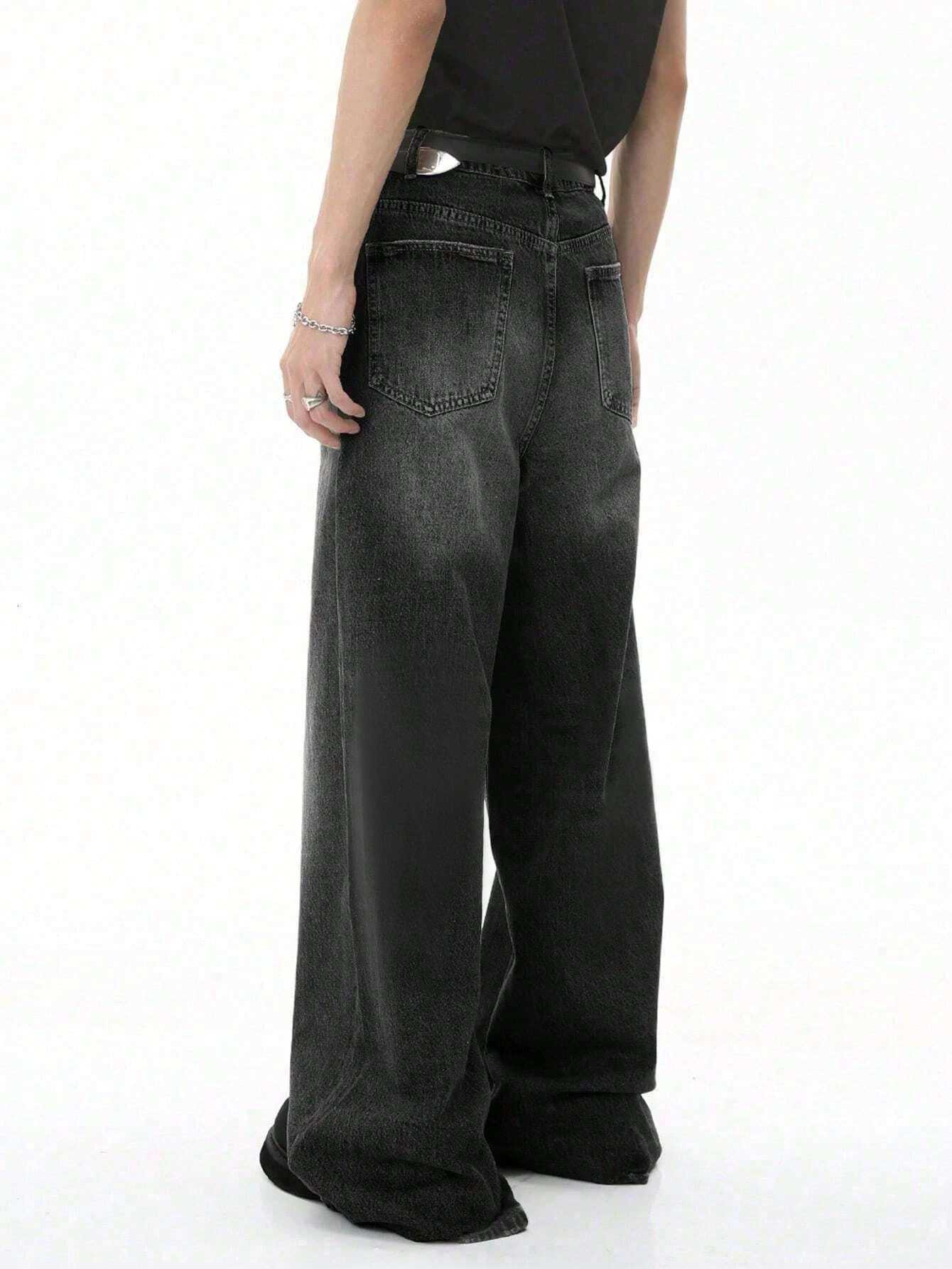 Mens loose black pocket jeans American street simple design loose fit suitable for daily wear in all seasonsZ250917