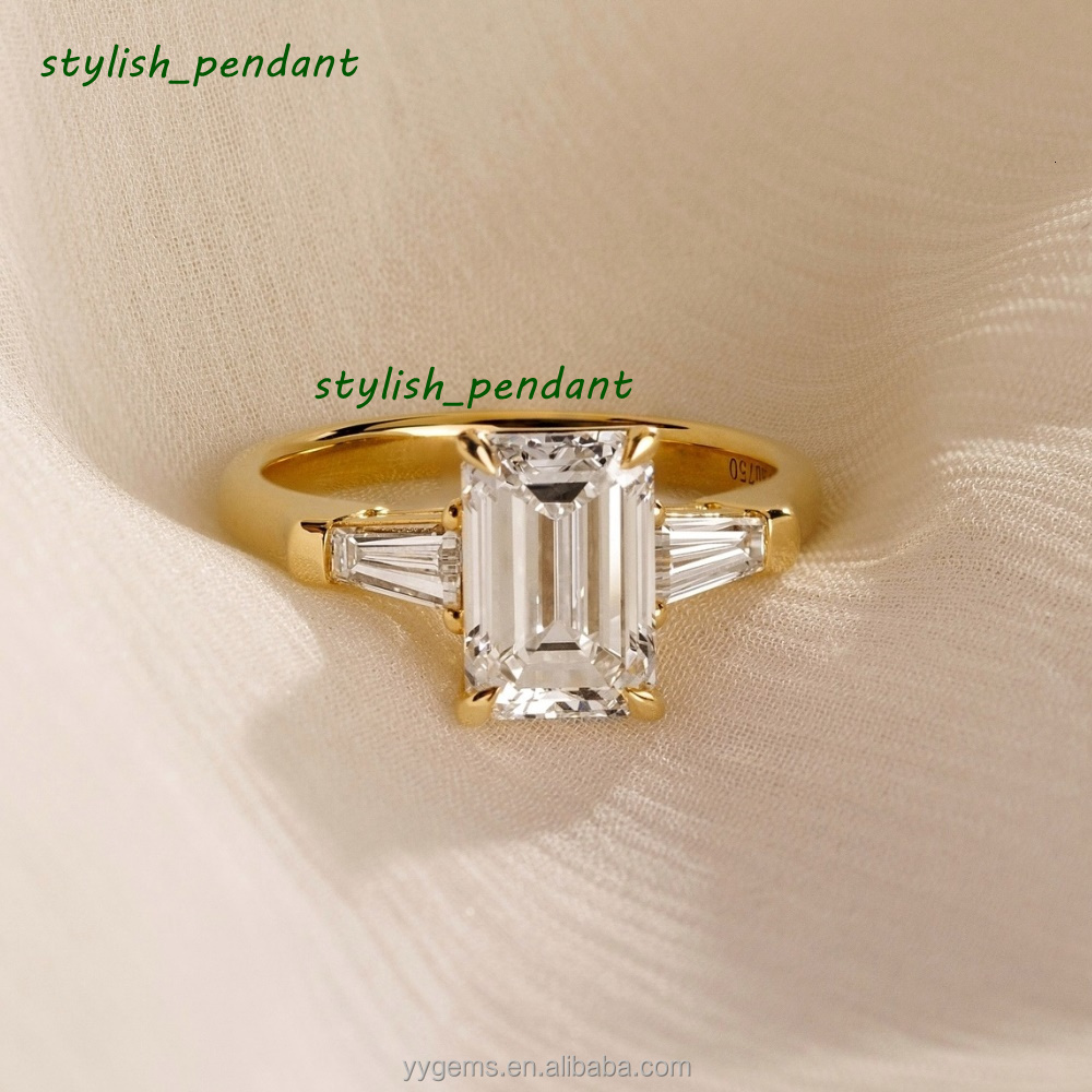Sparkle Trilogy Design Emerald Cut 3ct Moissanite Diamond 18K Gold Yellow Step Cut Side Moissanite Wedding Rings
