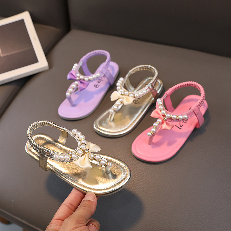 Summer Casual Children Pearl Sandals Kids Girls Beaded Bow Princess Flats Student Nonslip Baby Flipflops Beach Shoes 220607