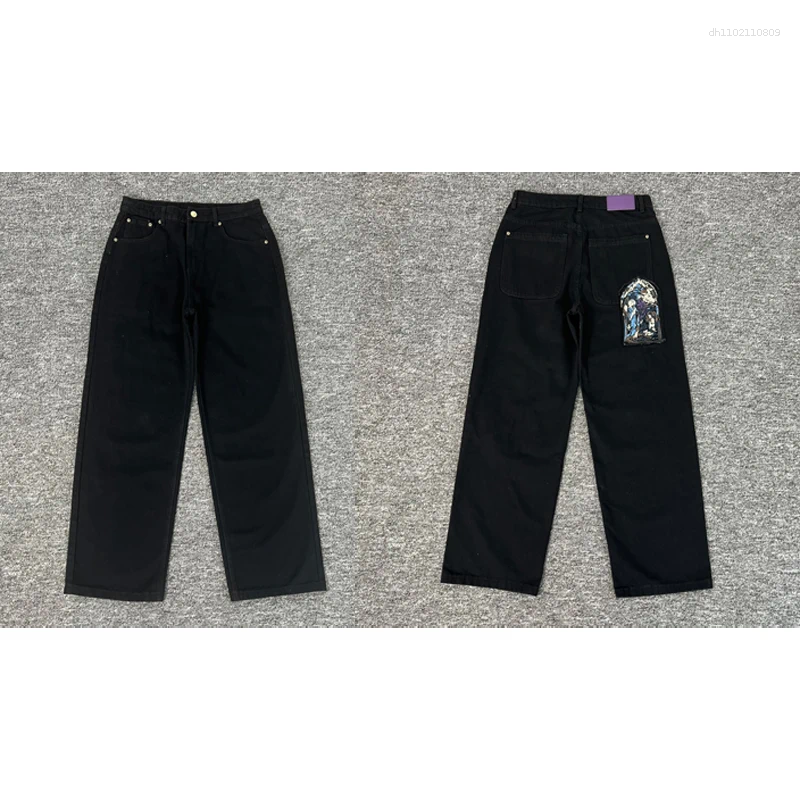 Men's Desinger Jeans Men Women Cherry Blossom Embroidery Derschutze Y2k Retro Baggy Street Straight High Waisted Washed Blue Denim Pants