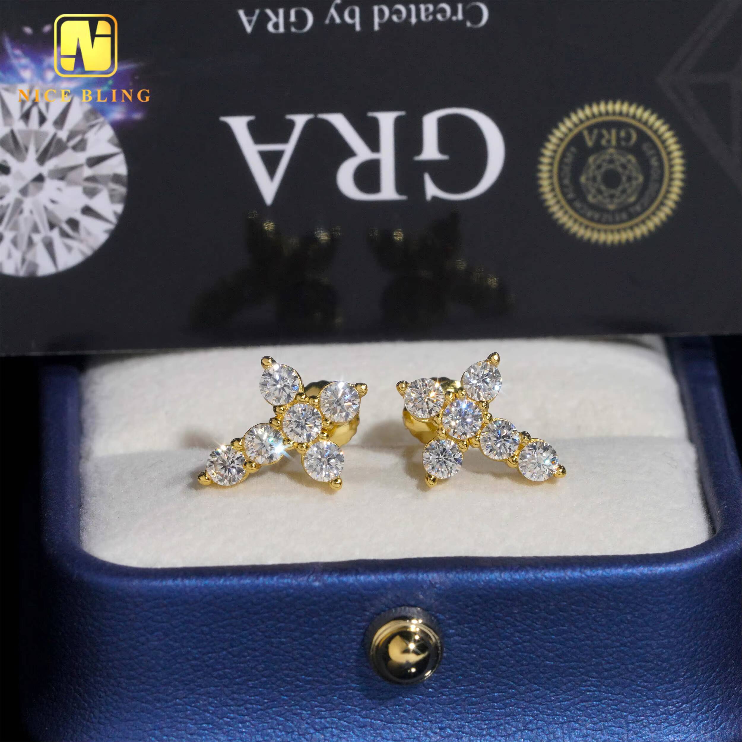 Hip Hop Moissanite Jewelry VVS Diamond Ear Studs 925 Sterling Silver Cross Earrings for Men Women