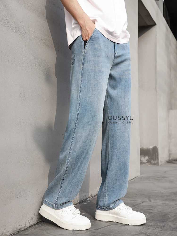 High Quality Lyocell Fabric Jeans Men Summer Thin Loose Wide Leg Pants Work Outdoor Wear Slacks Jogger Street Clothing TrousersZ250917
