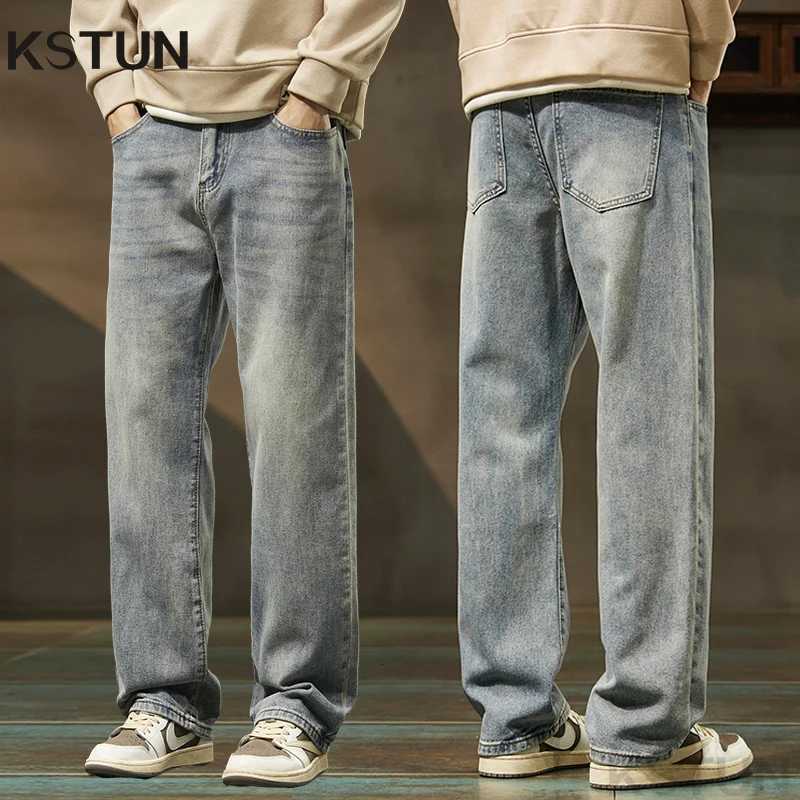 KSTUN Light Blue Baggy Pant Men Wide Leg Jeans Loose Straight Casaul Streetwear Vintage Mens Trousers 100 Cotton Large Size 40Z250917
