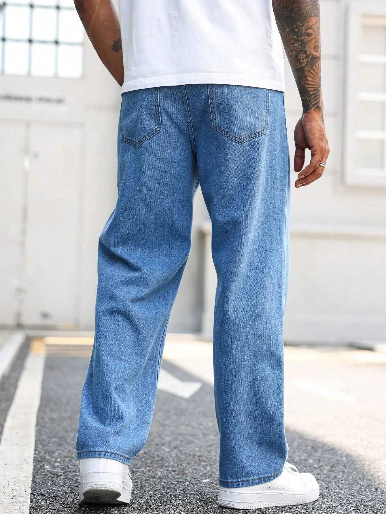 1pc Mens Loose Fit HipHop Style Denim Jeans Casual Streetwear Washed Blue No WaistbandDecoration Comfortable Stylish fZ250917