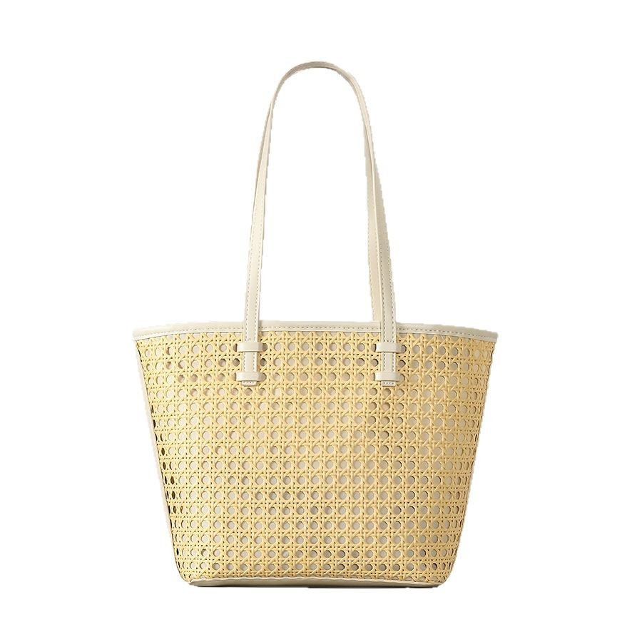 Spring summer hollowed out handmade straw woven bucket bag, large capacity rattan woven single shoulder handbag, women's beach bag 250215
