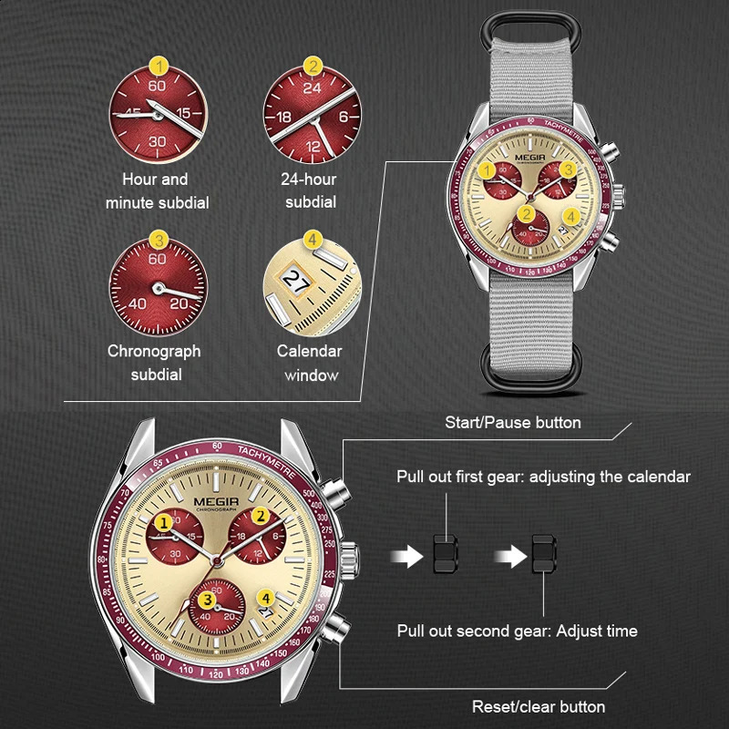 MEGIR Mens Watches Canvas Weaving Strap Sport Automatic Chronograph Quartz Waterproof Wristwatch for Male 2247 250916