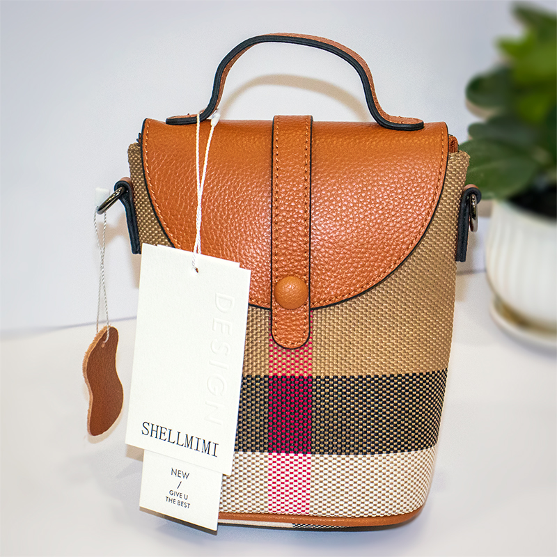 Shellmi High grade leather mobile phone bag single shoulder crossbody bag new women's bag contrasting checkered canvas fashionable and versatile 