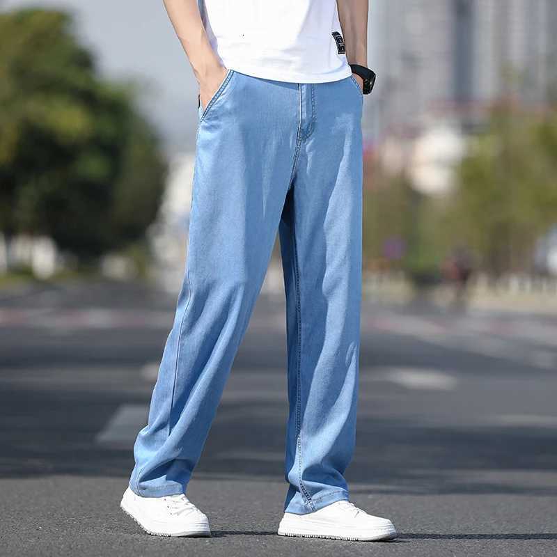Summer Thin Mens Elastic Cotton Jeans Fashion Sky Blue Comfortable Business Straight Casual Pants Brand Male Clothes TrousersZ250917