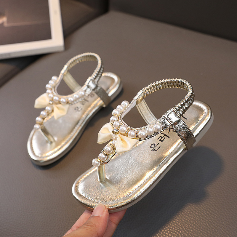 Summer Casual Children Pearl Sandals Kids Girls Beaded Bow Princess Flats Student Nonslip Baby Flipflops Beach Shoes 220607