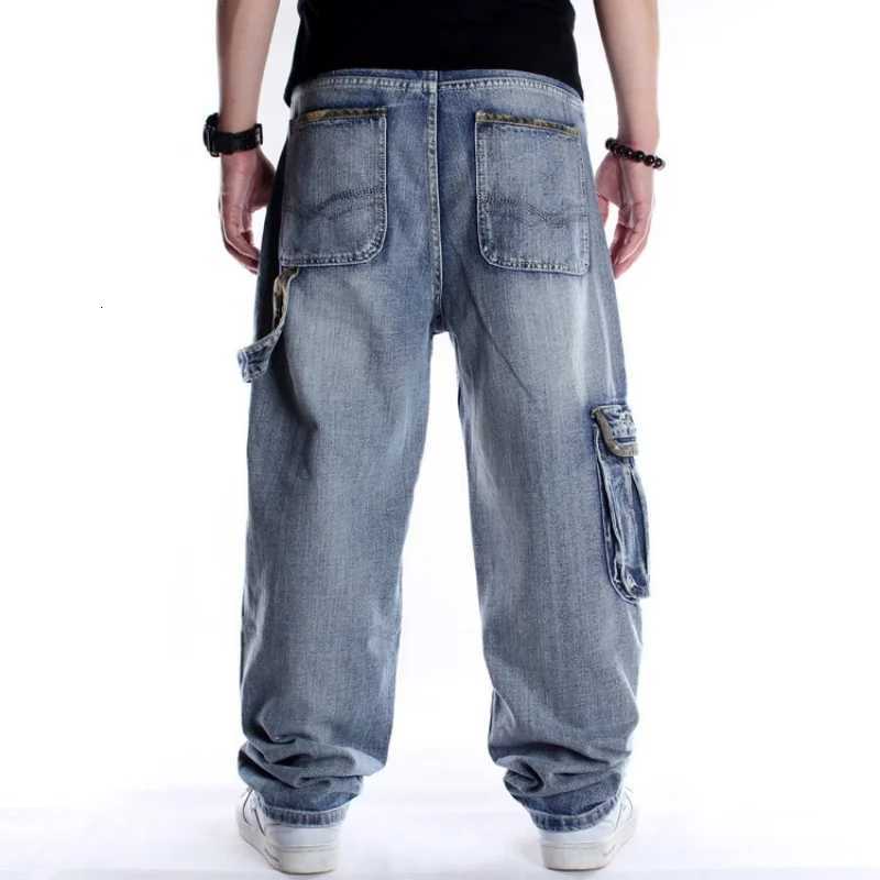 Large Size 46 Loose Jeans Men Denim Pants Straight Pocket Baggy Casual Streetwear Hip Hop Brand Blue Wide Leg Cargo TrousersZ250917
