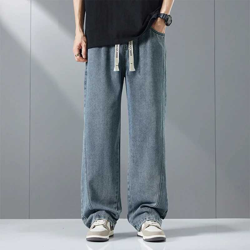 Streetwear Fashion Baggy Jeans Men Vintage Washed Straight Elastic Waist Wideleg Pants Youth Trendy Y2k Casual Denim TrousersZ250917