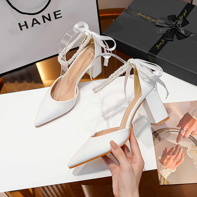 Premium Sandals Women's Wedding Shoes 2025 New Pearl Ribbon Decor Pointed Toe Chunky Heel White Bridal Shoes, Plus Size European Luxury Style