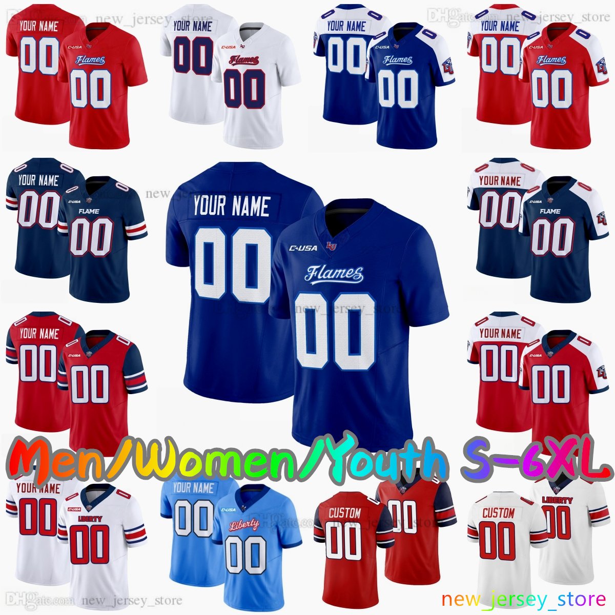 2025 Custom S-6XL Liberty Flames College Football Jersey 15 Ethan Vasko 23 Evan Dickens 9 Donte Lee Jr. 11 Derrell Farrar 26 Amarian Williams Stitched Jerseys