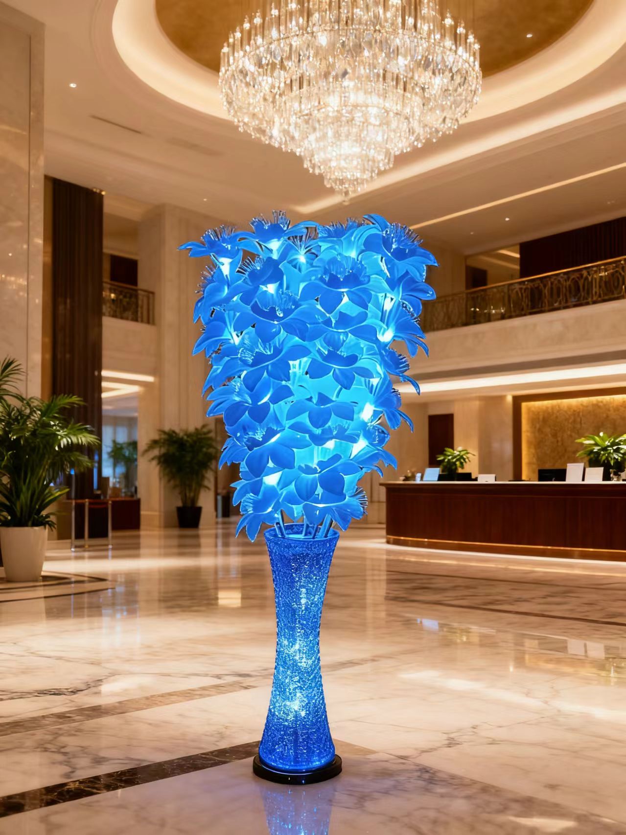 Elegant Crystalline Vessel Holding a Glimmering Optical Fibre Butterfly Bloom