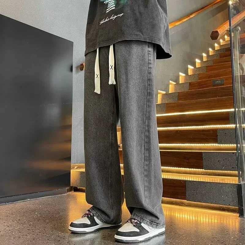 Men Casual Loose Jeans Male Streetwear Fashion Straight Wide Leg Denim Pants Elastic Waist Comfortable Solid Color Gray TrousersZ250917