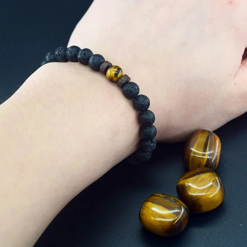 Natural Yellow Tiger Eye Bead Bracelet Men Women Black Volcanic Lava Wristband Tibetan Buddha Elastic Rope Couple Stone Bracelet 250916