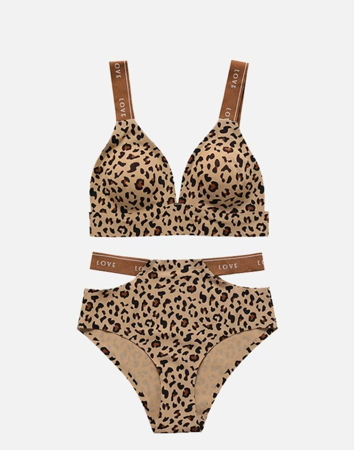 2PCSSet Women Sexy Leopard Print V-neck Bra Briefs Set Seamless Underwear Elastic Waist Belt Panty Lady Soft Intimates Lingerie 240812