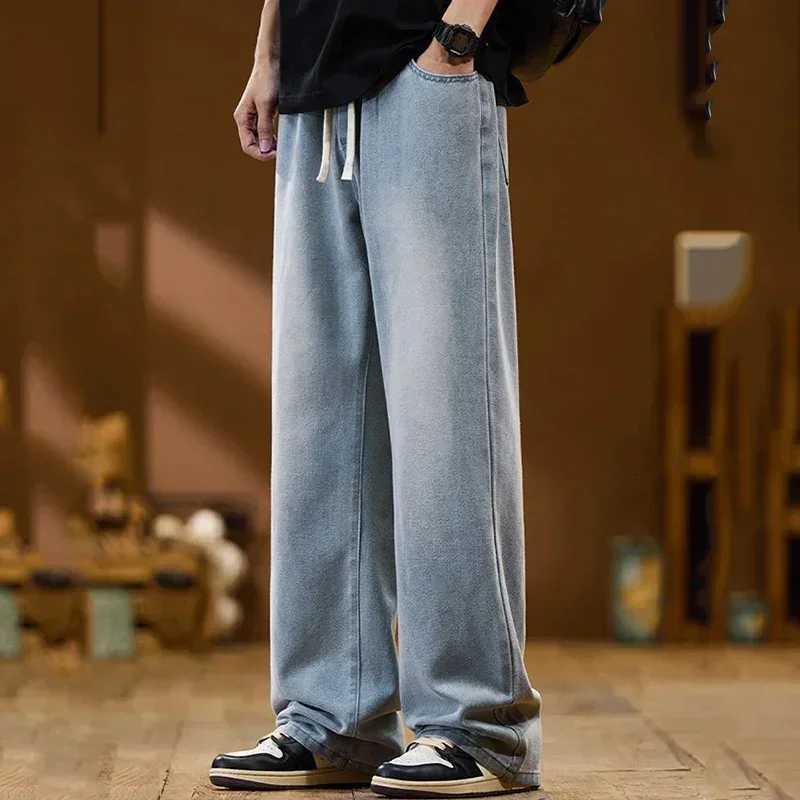 Men New Baggy Jeans Fashion Y2K High Street Retro Blue Trousers Elastic Drawstring Straight Wide Leg Loose Casual Denim PantsZ250917