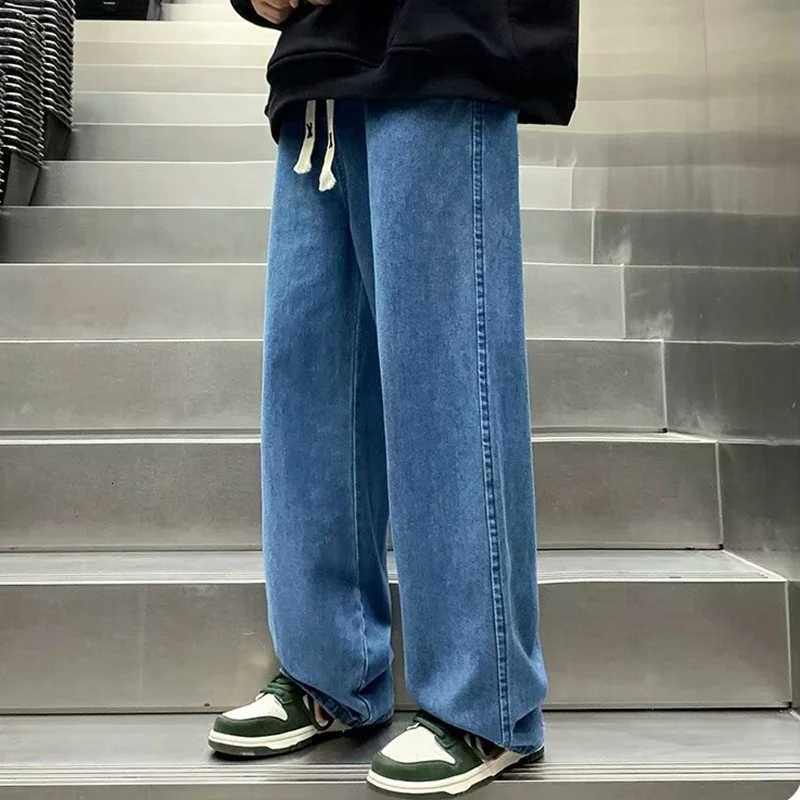 Men Casual Loose Jeans Male Streetwear Fashion Straight Wide Leg Denim Pants Elastic Waist Comfortable Solid Color Gray TrousersZ250917