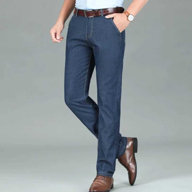 Autumn and Winter Seasons Lightweight Fit Straight Mens Jeans Classic Business Clothes Thin Cotton Elastic High Waist CasualZ250917
