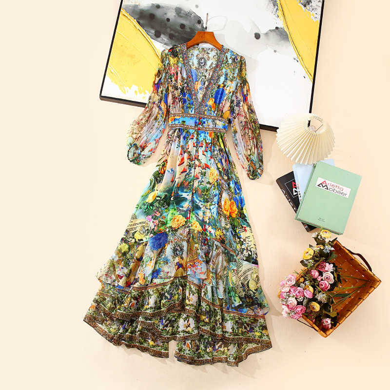 100% pure silk dress; light luxury, high-grade, Camilla mulberry silk printed French vintage temperament fairy floral long dress L250917