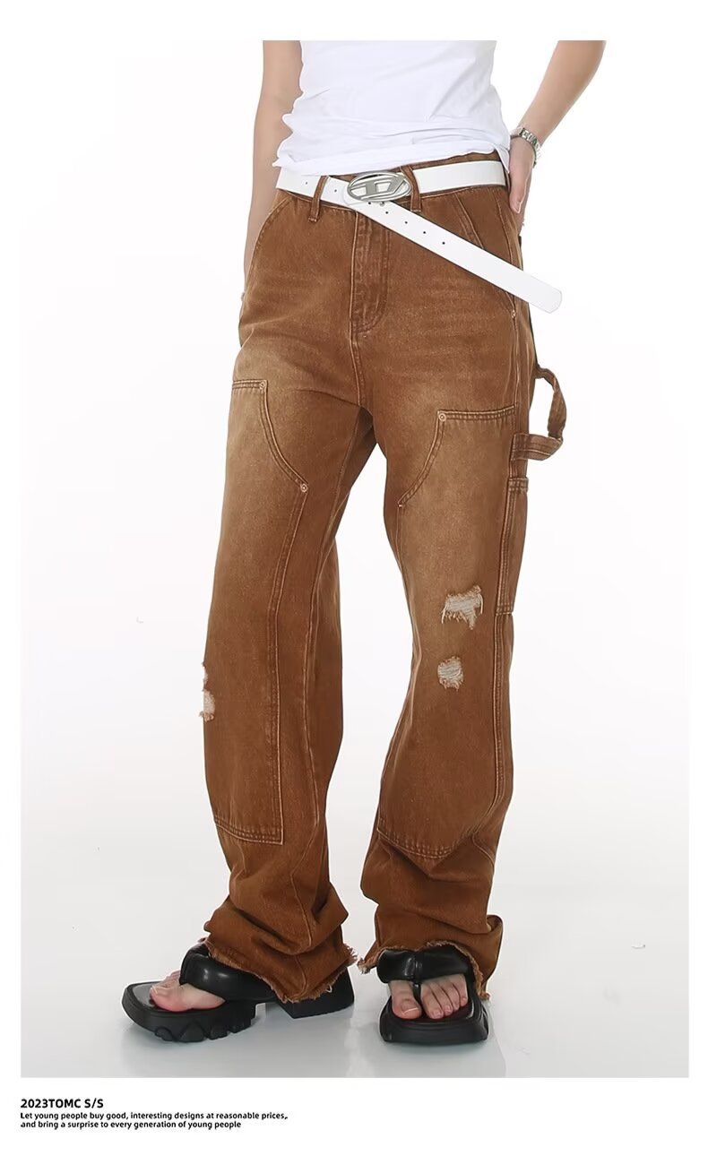 New Y2K Gothic Punk American Retro Punk Embroidered Jeans Mens Washed Old Brown Loose Straight Wide Legs Fashionable Jeans Z250605