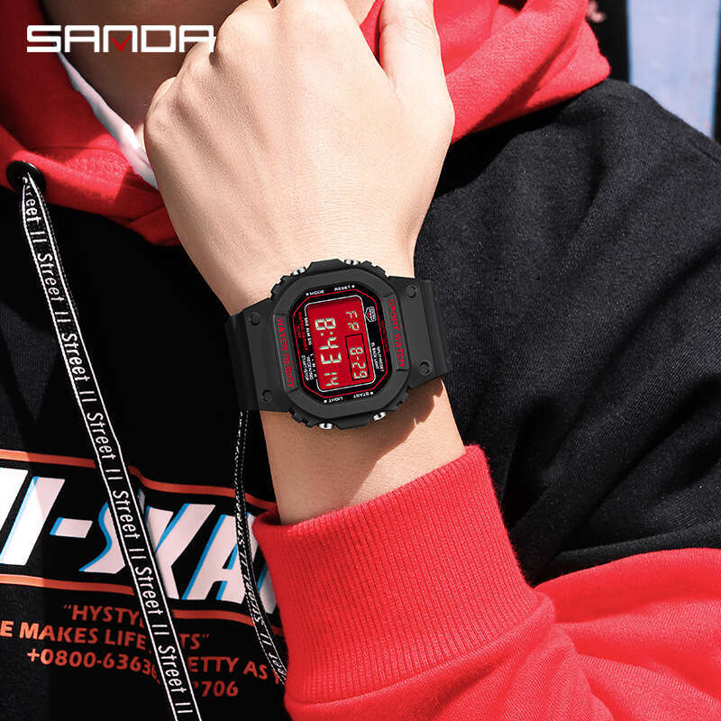 DHgargets Sanda Square Single Display Electronic Watch Multifunctional Alarm Clock Luminous Outdoor Sports Waterproof Student Wristwatch